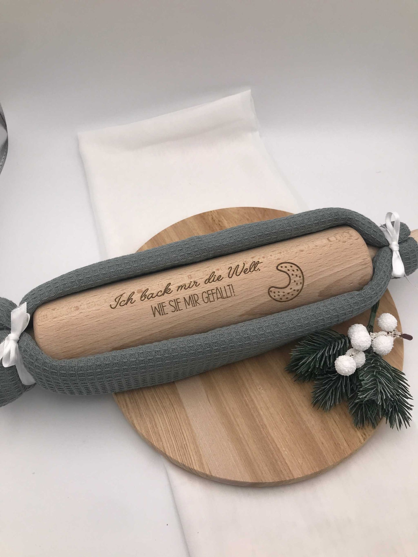 Holz-Teigrolle mit Spruch graviert, handgemachte Backrolle aus Holz, Weihnachtsbacken Geschenkidee, Mini & große Größen