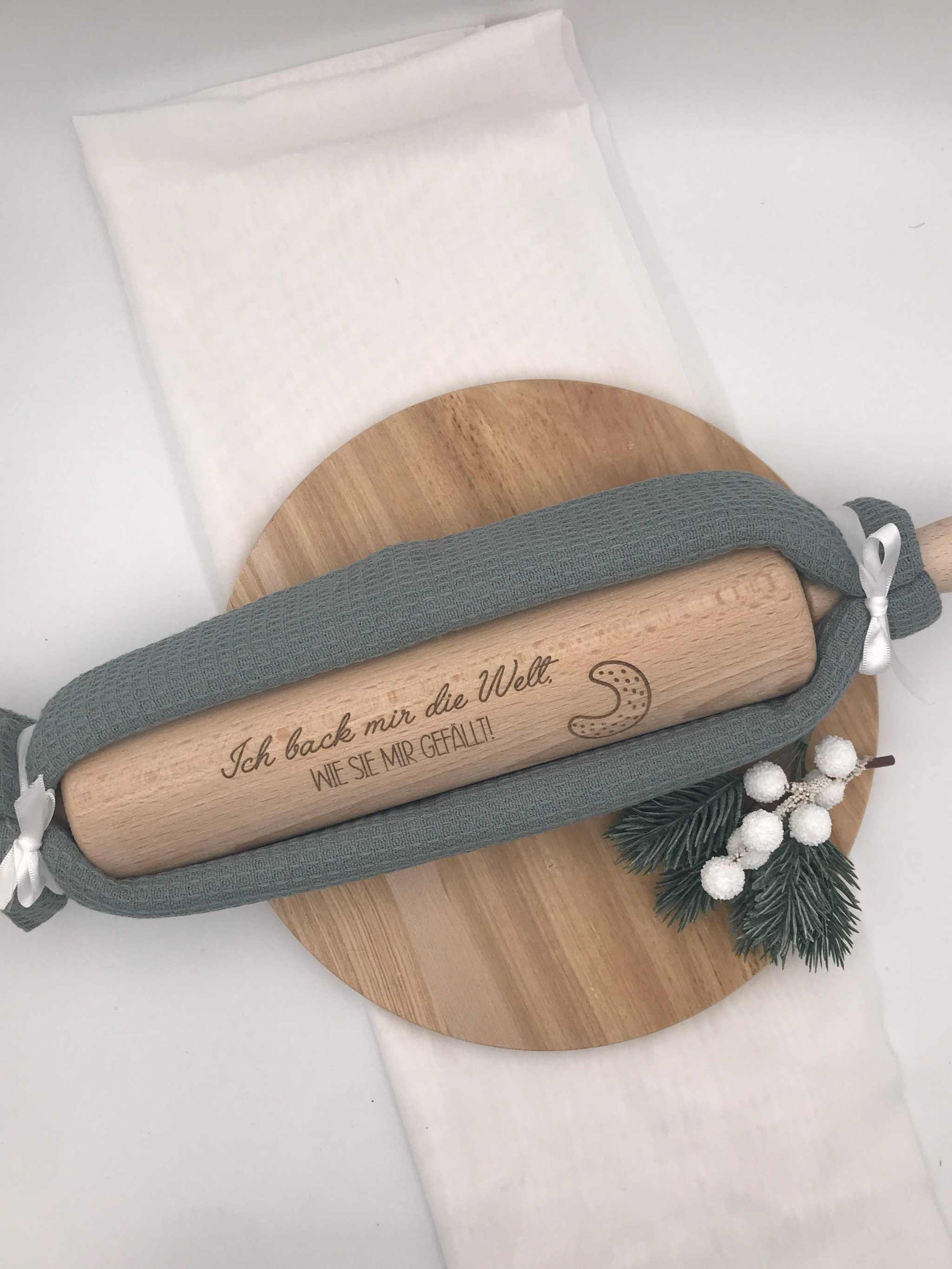 Holz-Teigrolle mit Spruch graviert, handgemachte Backrolle aus Holz, Weihnachtsbacken Geschenkidee, Mini & große Größen