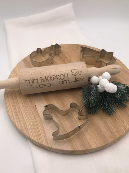 Holz-Teigrolle mit Spruch graviert, handgemachte Backrolle aus Holz, Weihnachtsbacken Geschenkidee, Mini & große Größen