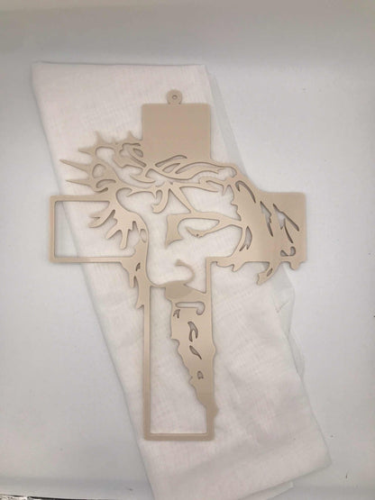 Modernes Kreuz mit Jesu Gesicht aus 4 mm Acryl als christliche Wanddeko