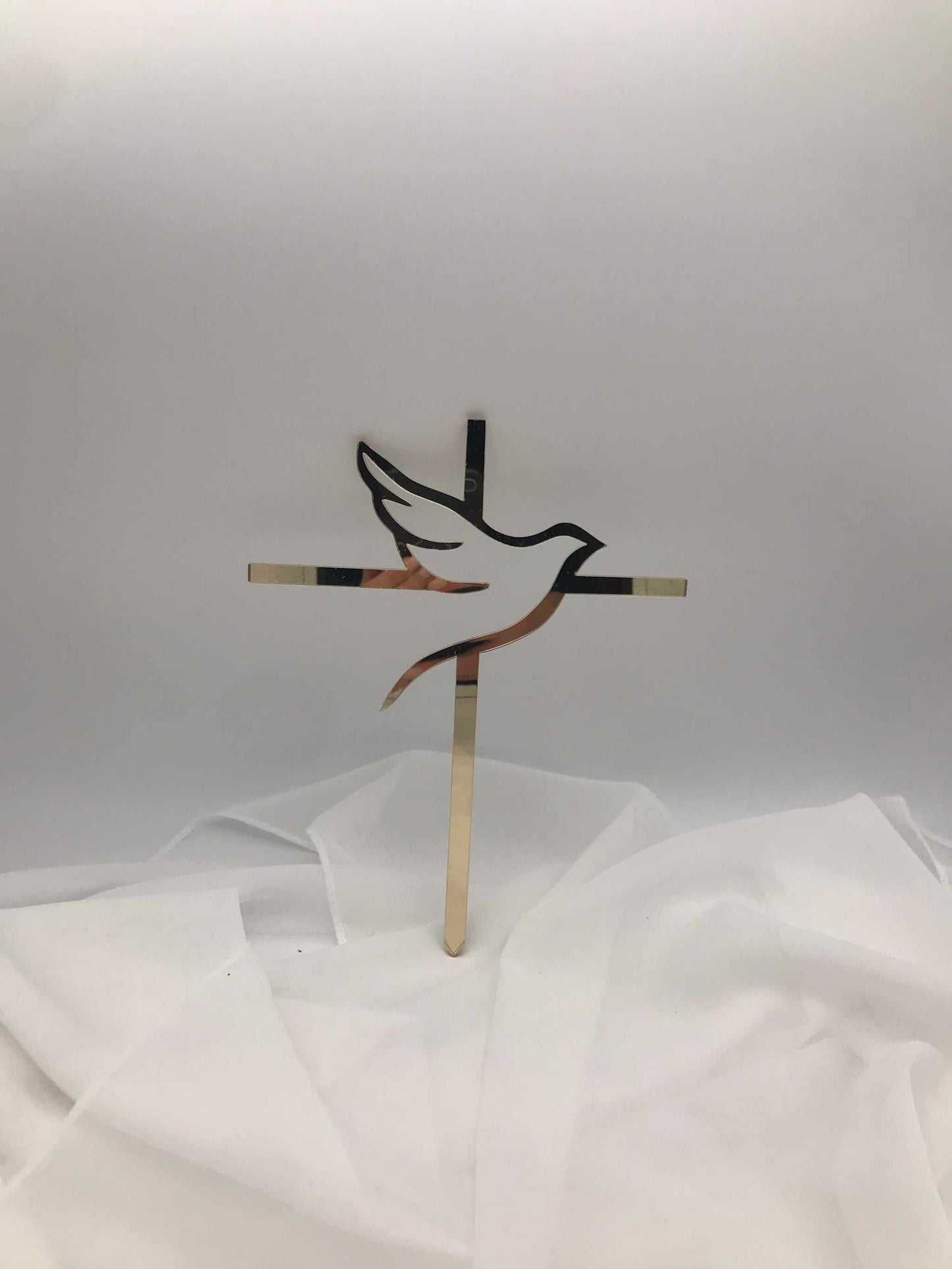 Caketopper mit Kreuz und Taube aus Acryl in Gold, Silber oder Roségold für Taufe, Kommunion und Firmung