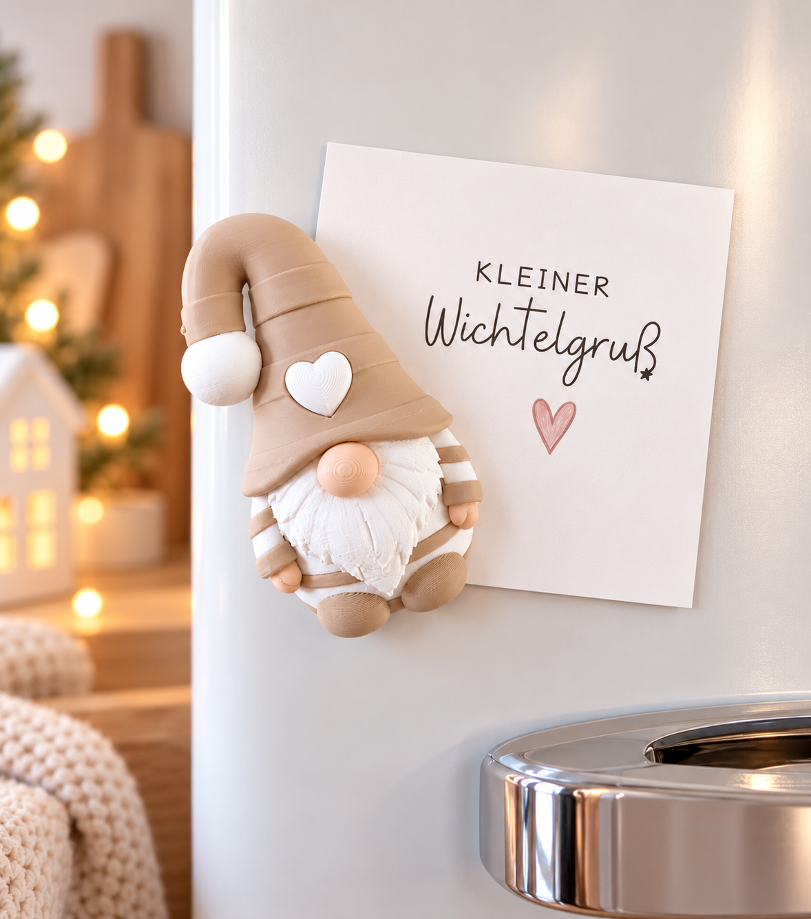 Wichtel Magnet mit Spruch, beige-weißer 3D-Druck-Wichtel mit Zipfelmütze, Herz, Bart und Knubbelnase

