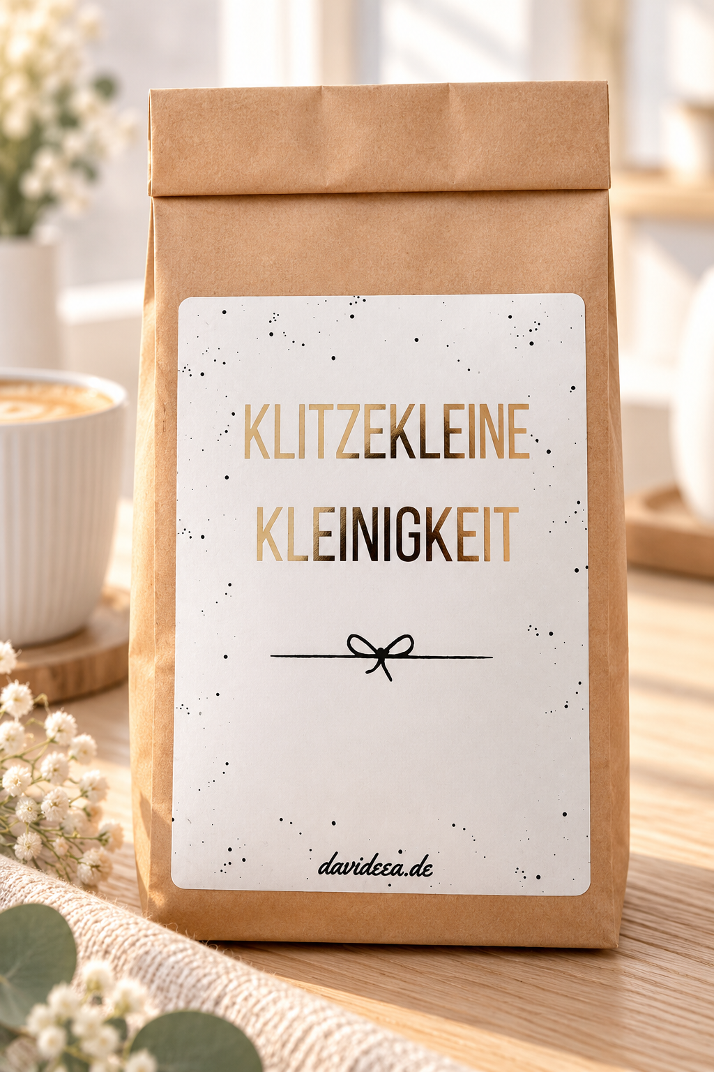 Geschenktüte als kleine Aufmerksamkeit aus braunem Kraftpapier mit weißem Etikett, goldener Schrift „Klitzekleine Kleinigkeit“ und schwarzer Schleife