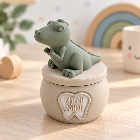 Milchzahndose aus mattem, beigefarbenem PLA mit grünem Dino auf dem Deckel und erhabenem Zahn-Emblem
