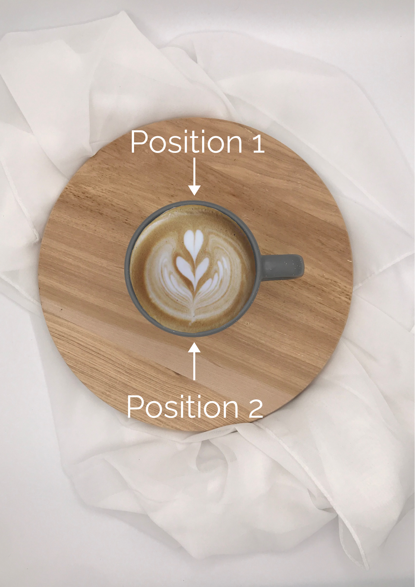 Decorative ceramic mug on wooden board, displaying personalized laser engraving positions.