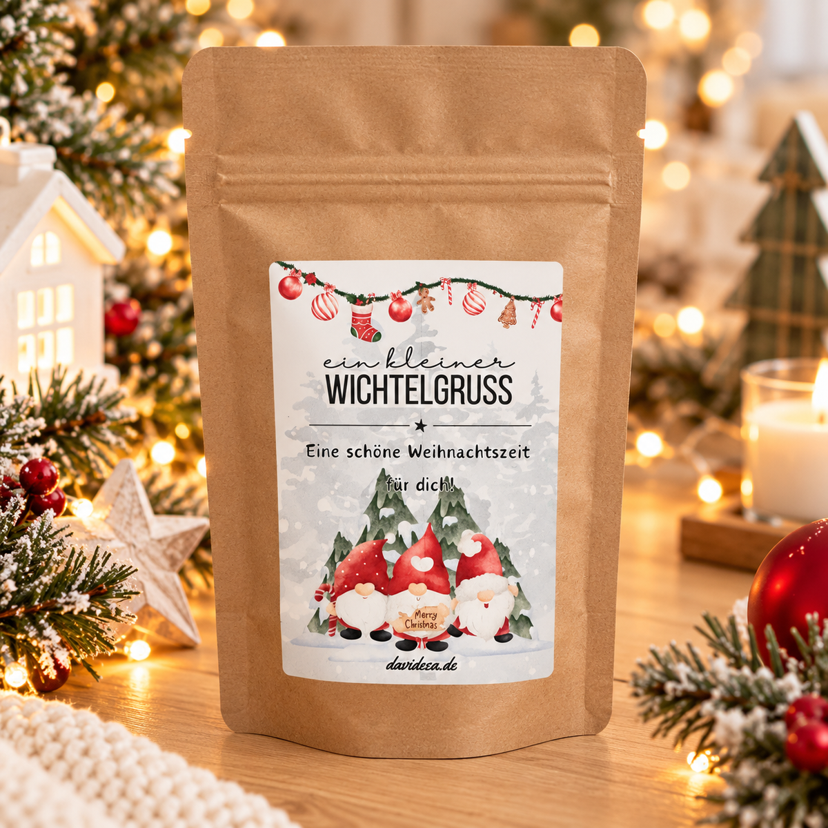 Weihnachtliche Geschenktüte aus braunem Kraftpapier mit Aufdruck „Wichtelgruß“ und drei Weihnachtswichteln, gefüllt mit Kaffee