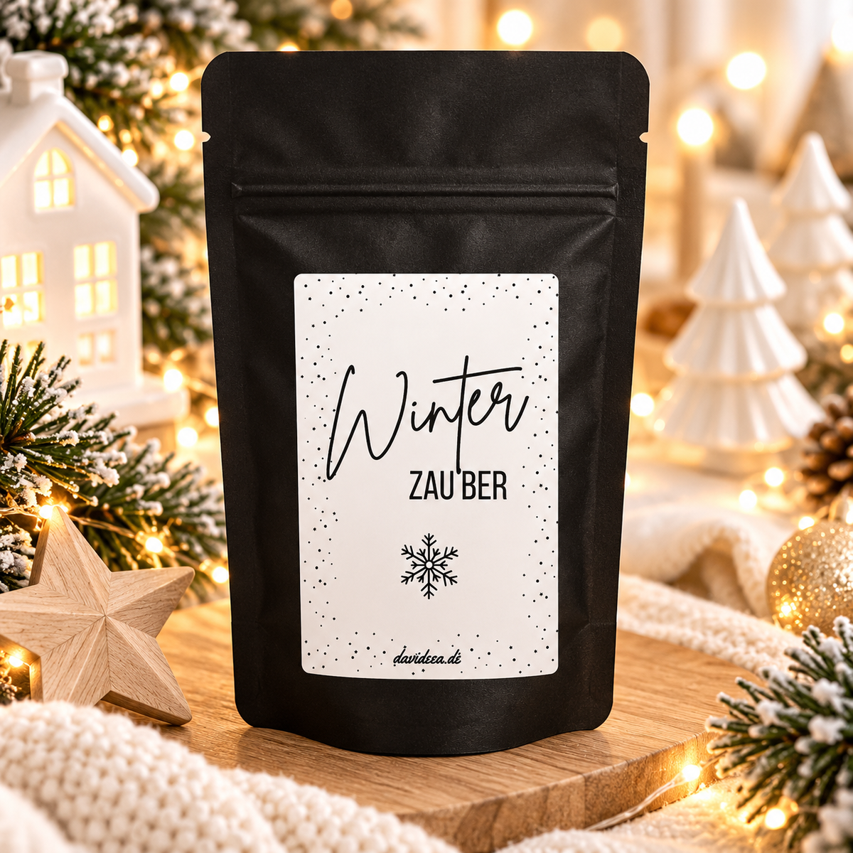 Weihnachtliche Kaffee-Geschenktüte in mattem Schwarz mit weißem Etikett, Schriftzug „Winterzauber“ und Schneeflocke