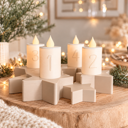 Adventskranz aus PLA in hellem Beige mit Sternendesign und vier weißen LED-Kerzen