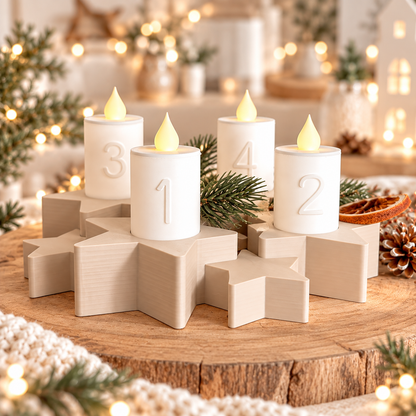 Adventskranz aus PLA in hellem Beige mit Sternendesign und vier weißen LED-Kerzen mit Flammenoptik