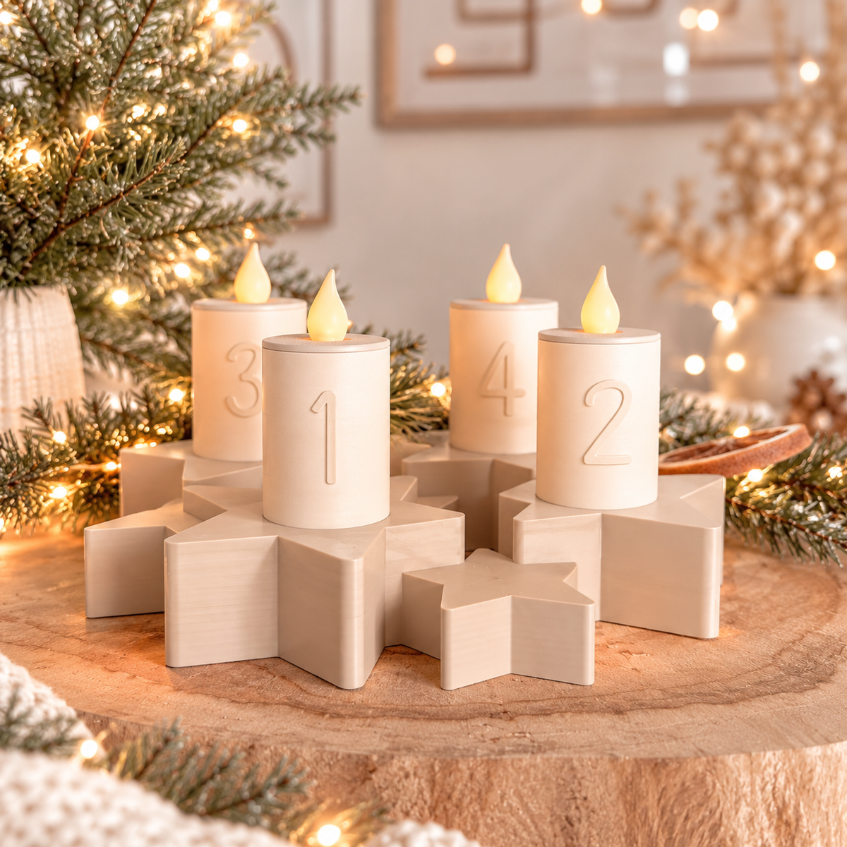 Adventskranz aus PLA in Beige mit vier sternförmigen Halterungen und weißen LED-Kerzen mit Zahlen