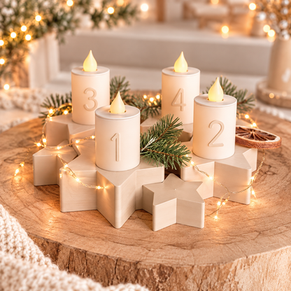 Adventskranz aus PLA in hellem Beige mit Sternmuster und vier weißen LED-Kerzen mit Zahlen