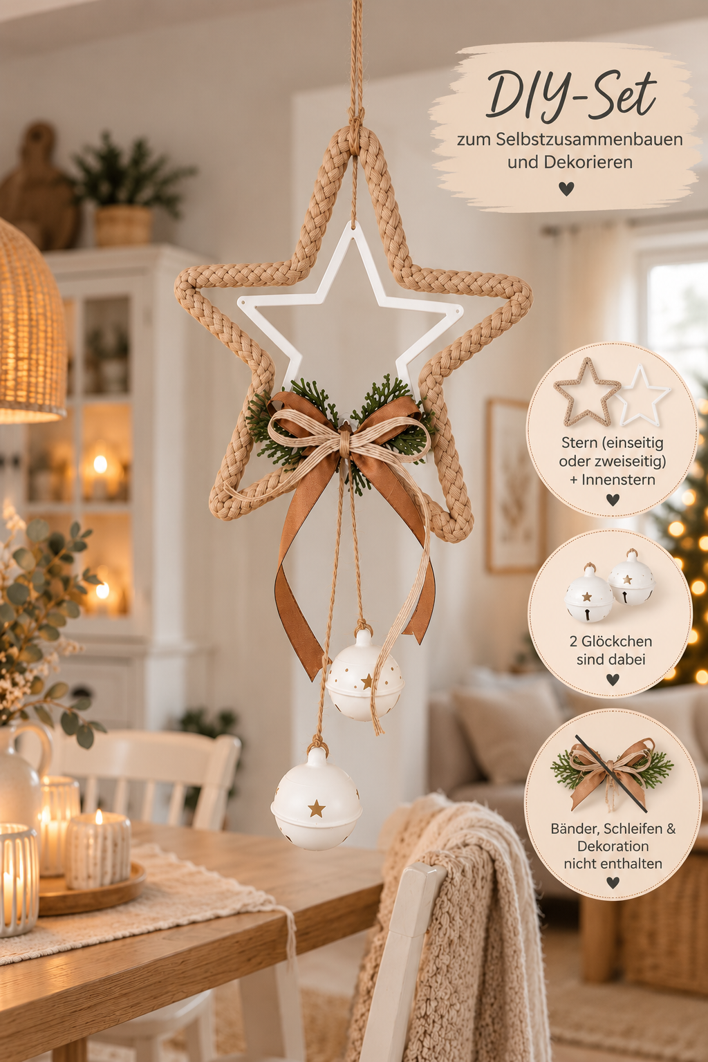 DIY Weihnachtsstern zum Aufhängen aus beigefarbenem, geflochtenem Material mit weißem Innenstern, Schleife und zwei Glöckchen