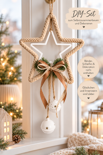 DIY Weihnachtsstern zum Aufhängen aus naturfarbenem Seil mit weißem Innenstern, Schleife aus Jute und zwei weißen Glöckchen.