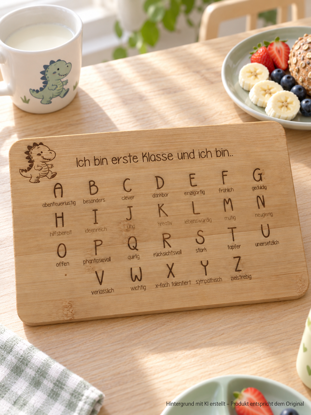 Frühstücksbrettchen aus Bambus mit Einschulung Motiv Alphabet und Dinosaurier Gravur mit positiven Eigenschaften von A bis Z
