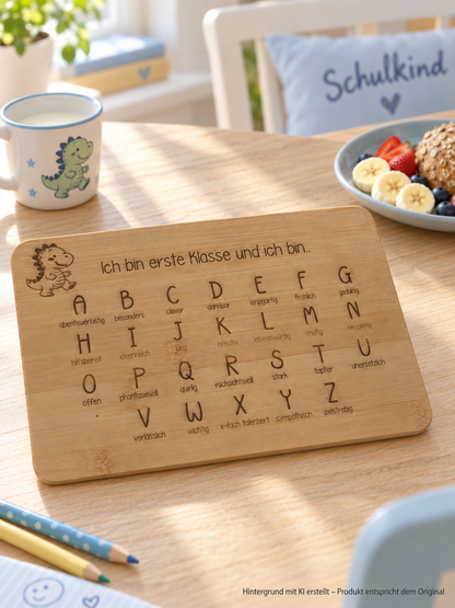 Frühstücksbrettchen zur Einschulung aus Bambusholz mit Alphabet-Gravur und Dinosaurier-Motiv, kindgerecht und motivierend