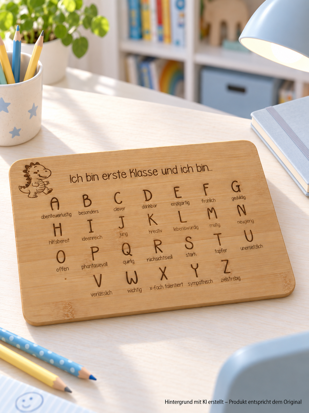Frühstücksbrettchen zur Einschulung aus Bambusholz mit graviertem Alphabet und Dinosaurier-Motiv