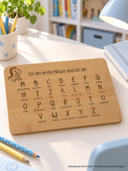 Frühstücksbrettchen zur Einschulung aus Bambusholz mit graviertem Alphabet und Dinosaurier-Motiv