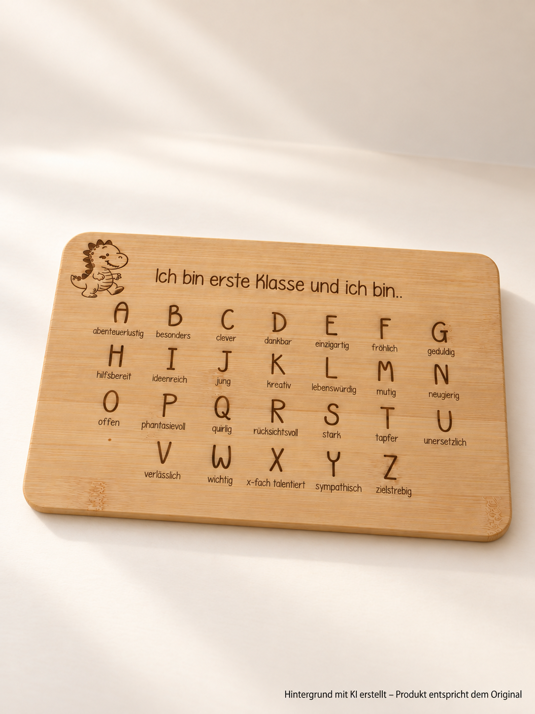 Frühstücksbrettchen zur Einschulung aus Bambusholz mit Alphabetgravur und Dinosaurier-Motiv, positiver Eigenschaftenbeschreibung