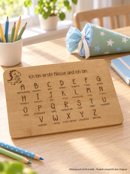 Frühstücksbrettchen aus Bambusholz mit graviertem Alphabet und freundlichen Eigenschaften für Schulanfänger