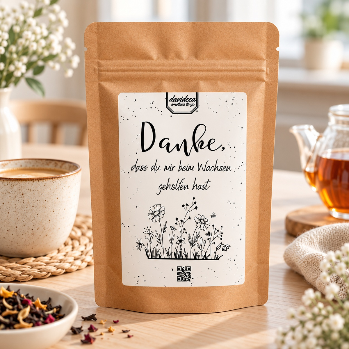 Geschenk für Erzieher: braune Kraftpapier-Geschenktüte mit weißem Etikett, Dankeschön-Schriftzug und Blumenmotiv