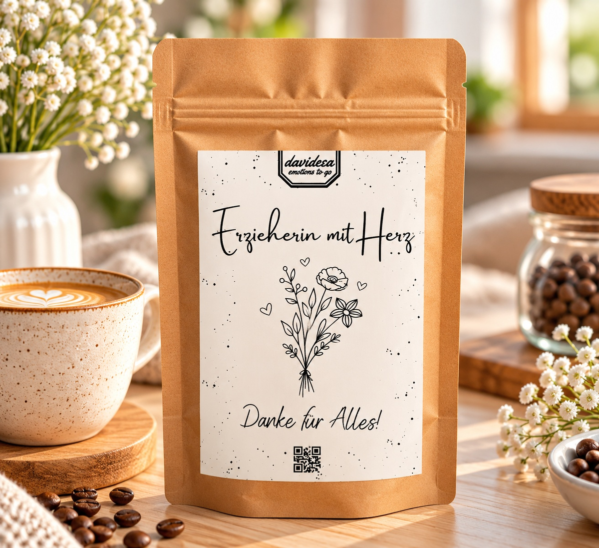 Geschenk für Erzieher: braune Papiertüte mit weißem Etikett, Blumenzeichnung und Aufschrift „Erzieherin mit Herz“