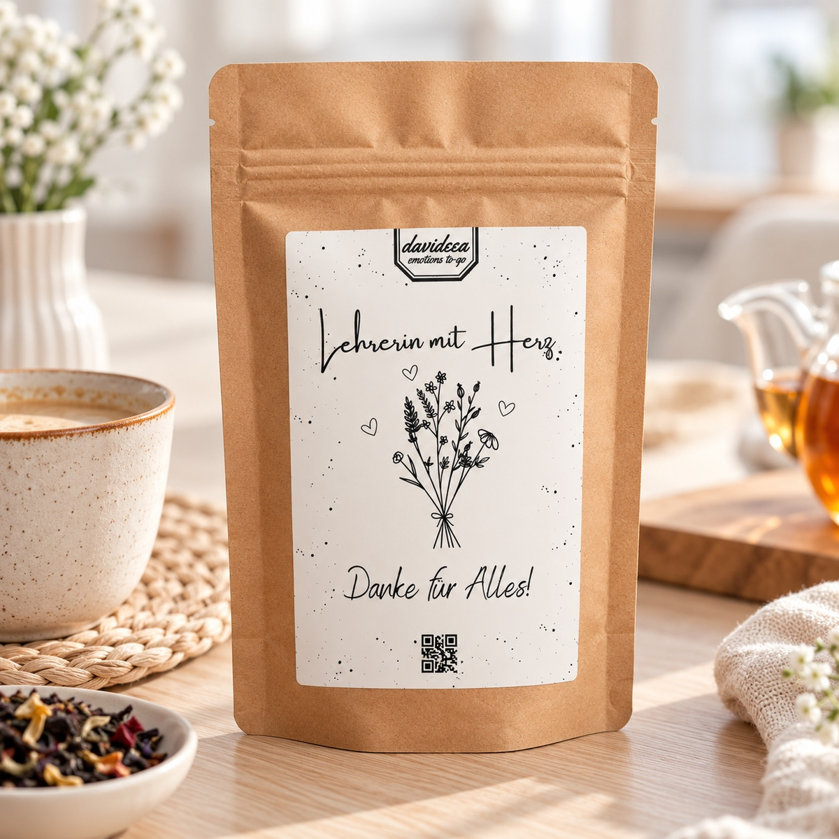 Geschenk für Erzieher: braune Kraftpapiertüte mit weißem Etikett, Blumenzeichnung und Aufschrift „Lehrerin mit Herz – Danke für Alles!“