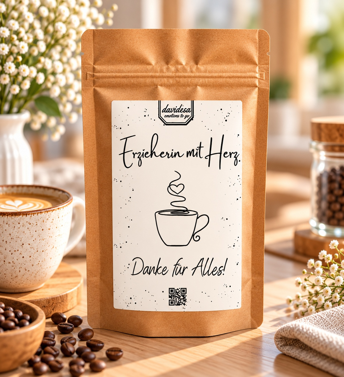Geschenktüte als Geschenk für Erzieher aus braunem Kraftpapier mit weißem Etikett, Herzmotiv und Aufschrift „Erzieherin mit Herz“