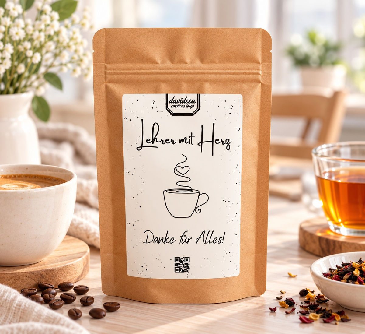 Geschenk für Erzieher als braune Papiertüte mit weißem Etikett, schwarzer Schrift und gezeichneter Tasse