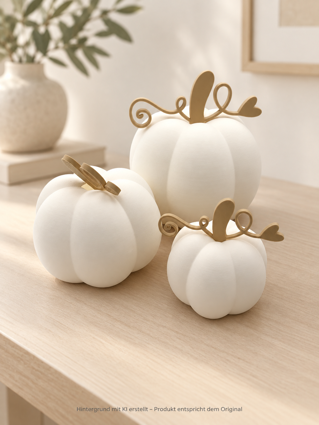 Herbst Dekokürbisse aus weißem PLA in drei Größen mit braunen Stielen und dekorativen Ranken, moderne 3D-Druck-Herbstdeko