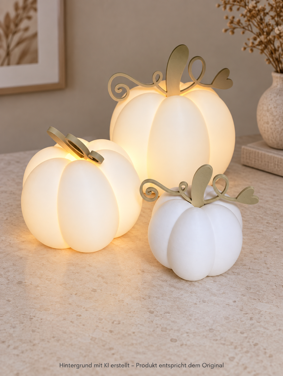Herbst Dekokürbisse aus weißem PLA in 3 Größen mit goldfarbenen Blättern und LED-Teelichtbeleuchtung