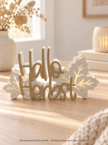 Hallo-Herbst-Schriftzug aus cremeweißem PLA mit zwei beleuchteten dekorativen Blättern als Herbstdeko