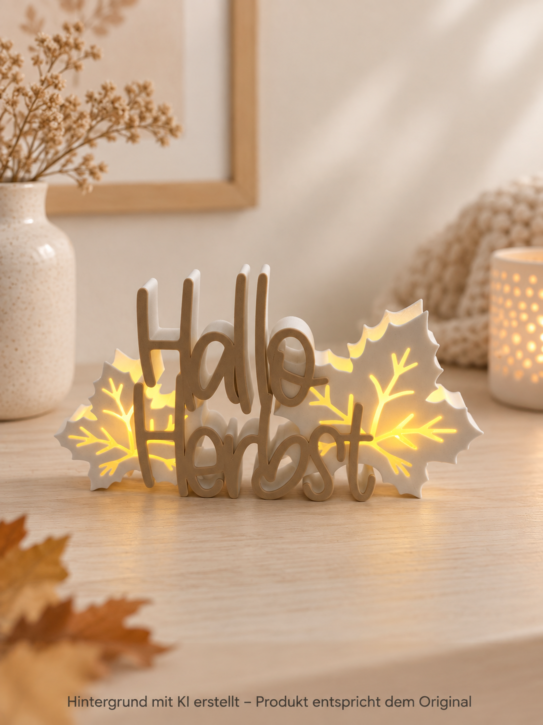 Herbstlicher Deko-Schriftzug aus beigeweißem PLA mit zwei beleuchteten Blattmotiven und warmem Ballonlicht