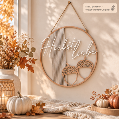 Herbst-Türschild aus PLA in natürlichem Holzton mit filigranem Schriftzug Herbstliebe und Eichel-Dekor im runden Design