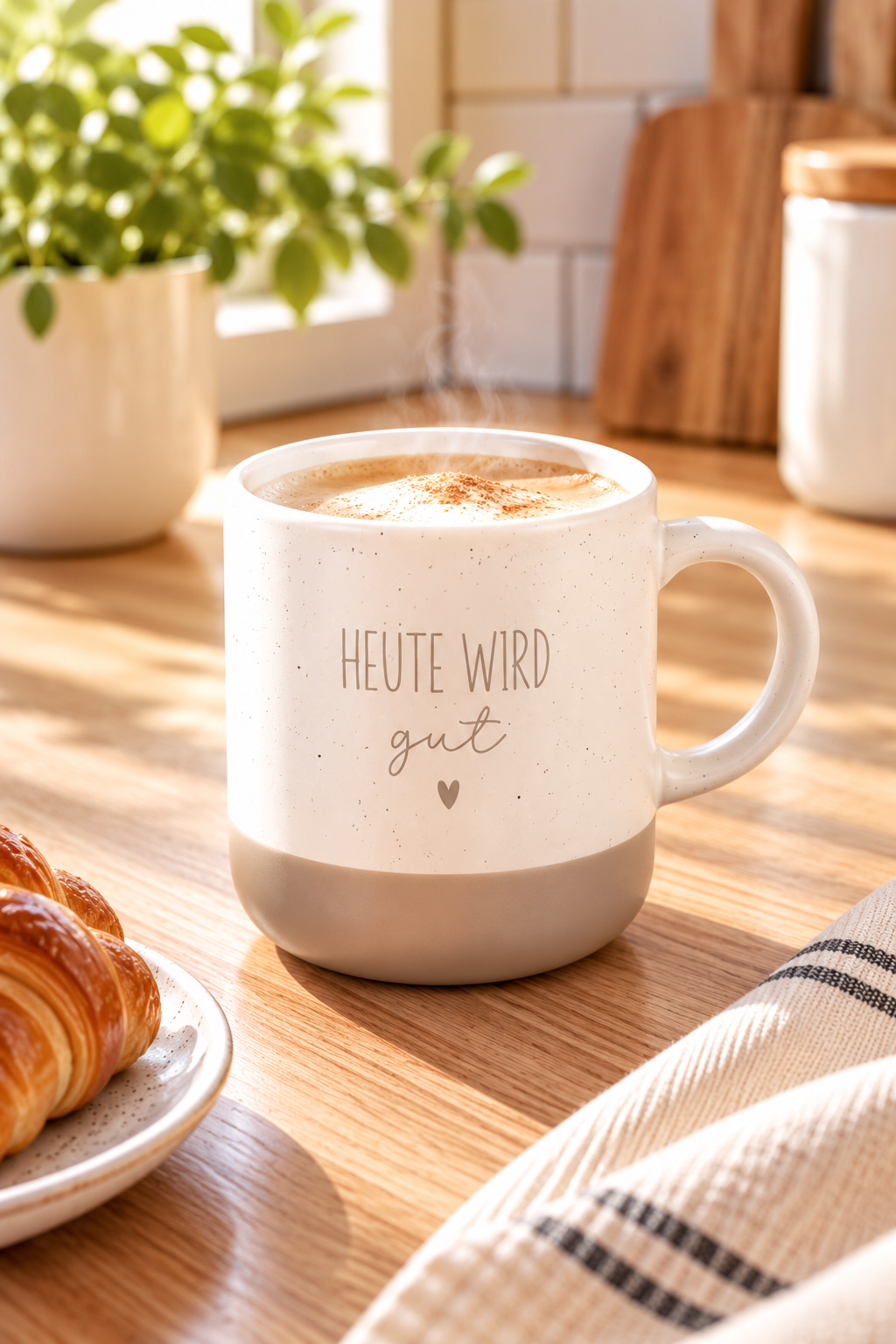 Kaffeetasse aus Keramik in Beige und Grau mit feinen Sprenkeln und dem Spruch „Heute wird gut“ samt Herz