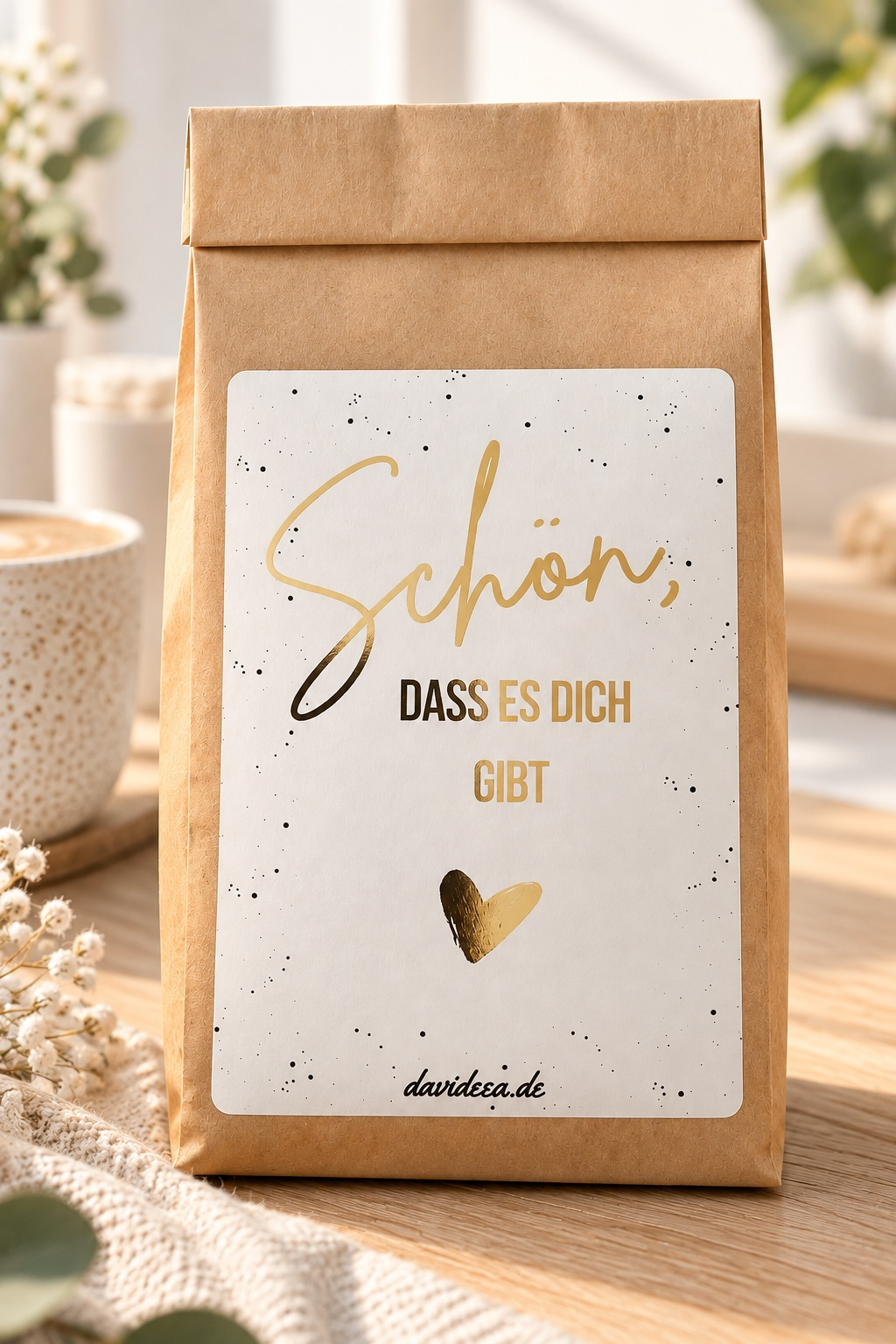 Geschenktüte aus braunem Kraftpapier mit weißem Etikett, goldener Schrift „Schön, dass es dich gibt“ und Herz – kleine Aufmerksamkeit