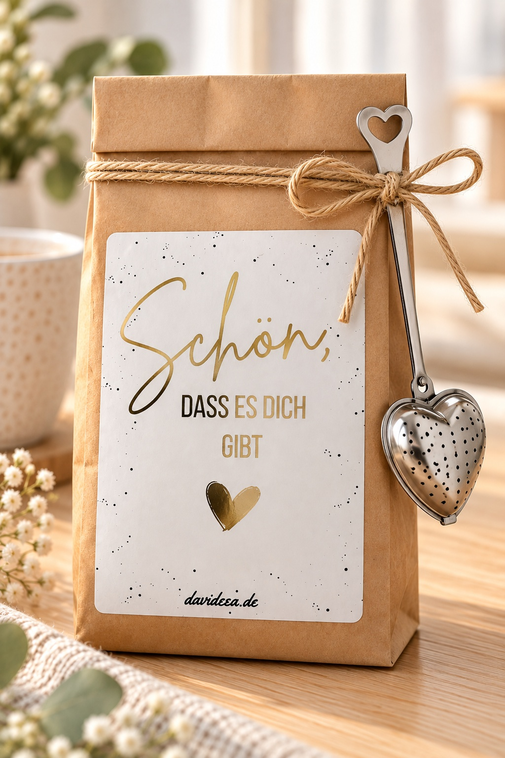 Geschenktüte aus braunem Kraftpapier mit goldener Schrift, schwarzem Sprenkelmuster und Herz-Teesieb – kleine Aufmerksamkeit