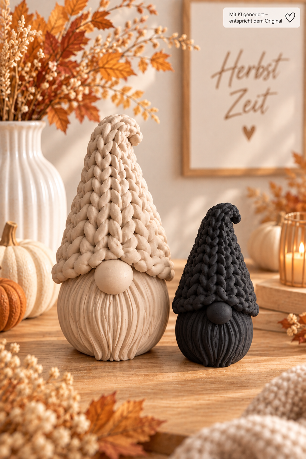 Knitty Wichtel Deko aus PLA im 2er-Set mit beige gestrickter Mütze und schwarzen Strickdetails, moderner Herbststil