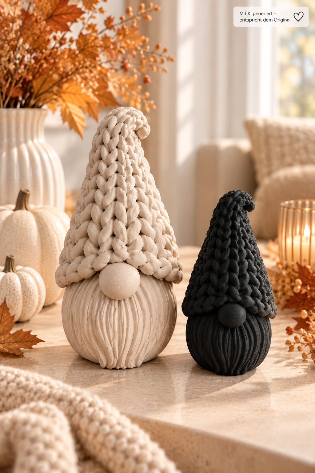 Knitty Wichtel Deko aus PLA mit detailreicher Strickoptik, großer beige und kleiner schwarzer Wichtel mit gerilltem Körper
