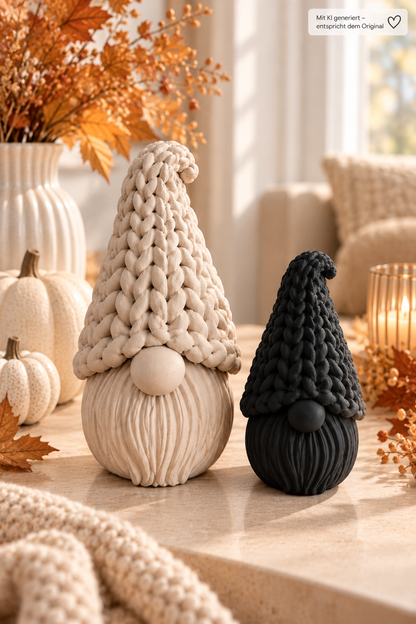 Knitty Wichtel Deko aus PLA mit detailreicher Strickoptik, großer beige und kleiner schwarzer Wichtel mit gerilltem Körper