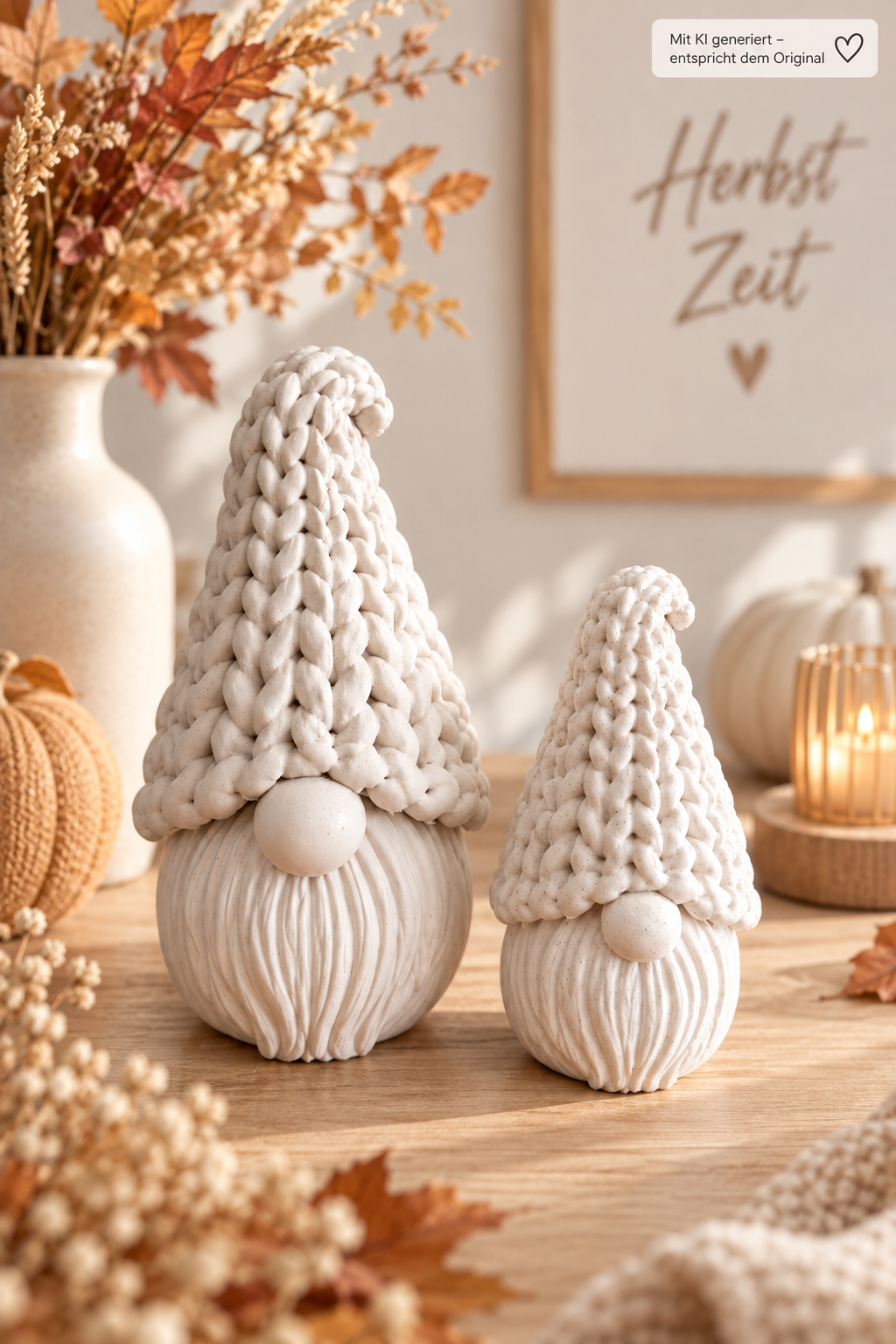 Knitty Wichtel Deko aus PLA in heller Strickoptik mit detailreichem Bart und runder Nase, klein und groß