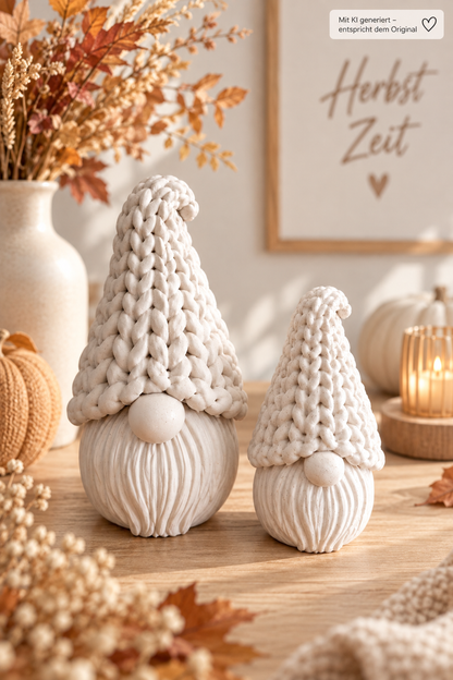 Knitty Wichtel Deko aus PLA in heller Strickoptik mit detailreichem Bart und runder Nase, klein und groß