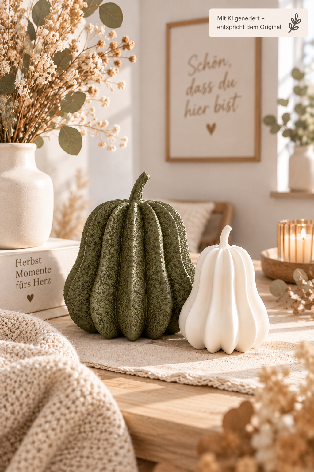 Kürbis Deko mit zwei 3D-gedruckten Kürbissen in Fuzzy-Optik, grün und weiß, auf einem Holztisch mit Herbstdeko