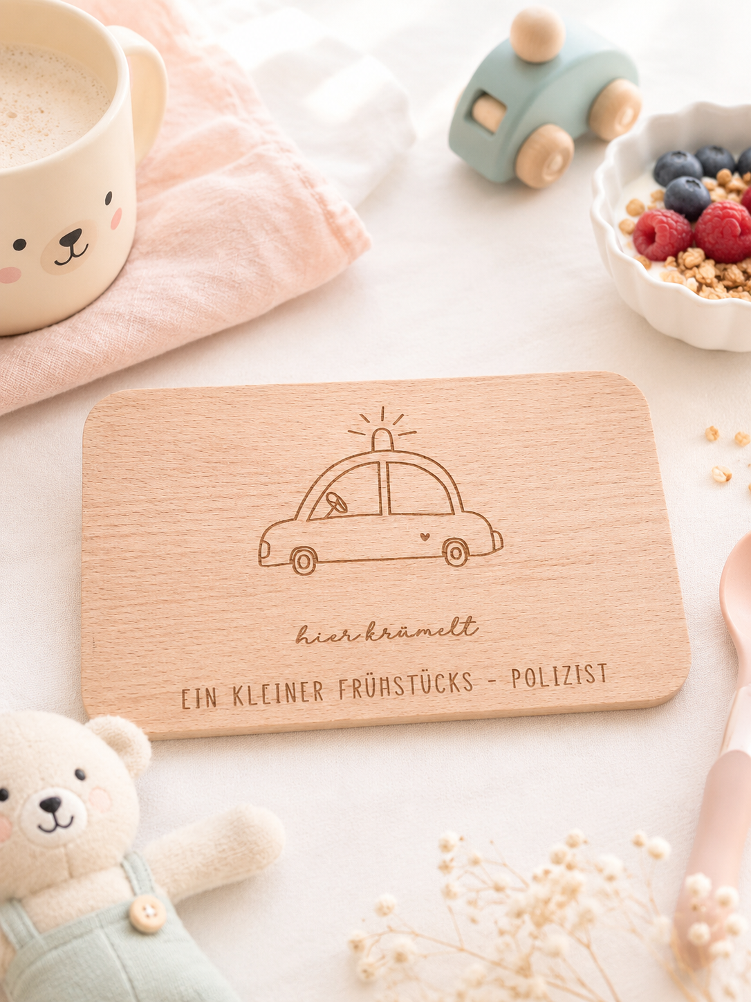 Personalisiertes Frühstücksbrett aus Holz mit Polizei-Motiv für Kinder
