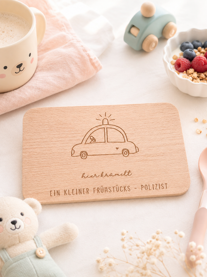 Personalisiertes Frühstücksbrett aus Holz mit Polizei-Motiv für Kinder
