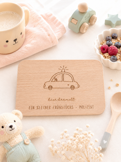 Personalisiertes Frühstücksbrett aus Holz mit Polizei-Motiv für Kinder, graviertes Policeauto, nachhaltiges Geschenk