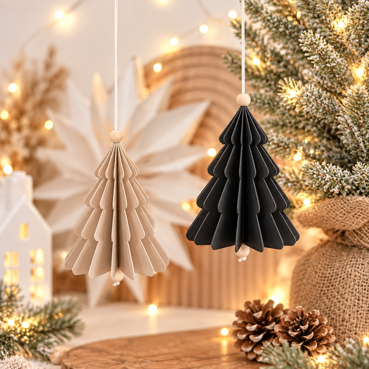 Plissee Tannenbaum in Beige und Schwarz aus PLA mit gefächerter Optik und Aufhängung