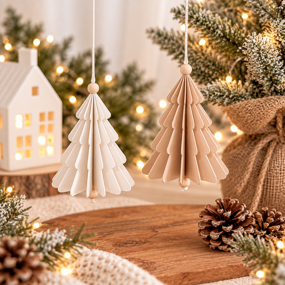 Plissee Tannenbaum aus PLA in Weiß und Beige mit gefächerter Struktur und Aufhängung