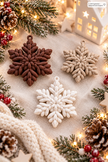 Schneeflocken Deko aus PLA in drei Farben braun, beige und weiß mit detailreicher Knitty Strickoptik als winterliche Anhänger