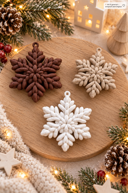 Schneeflocken Deko aus PLA in Knitty Strickoptik, detailreiche Oberfläche, in drei Farben und Größen, modern und gemütlich