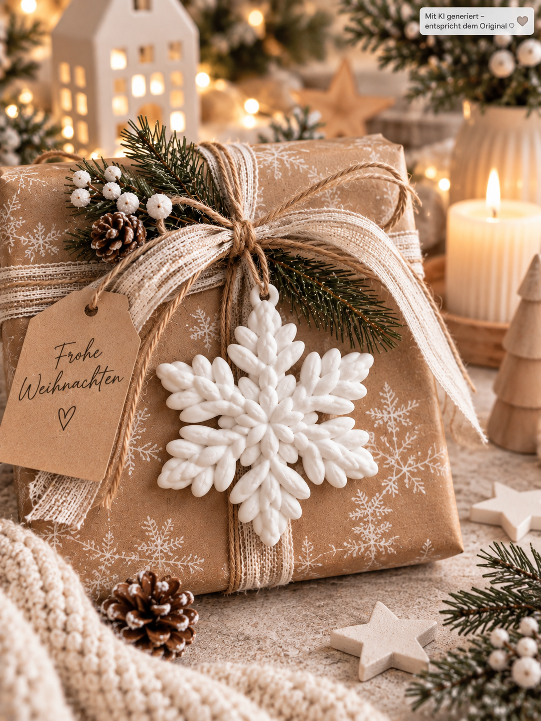 Weihnachtlich verpacktes Geschenk mit natürlicher Schneeflocken Deko aus PLA in weißer Knitty-Strickoptik und Tannenzweig